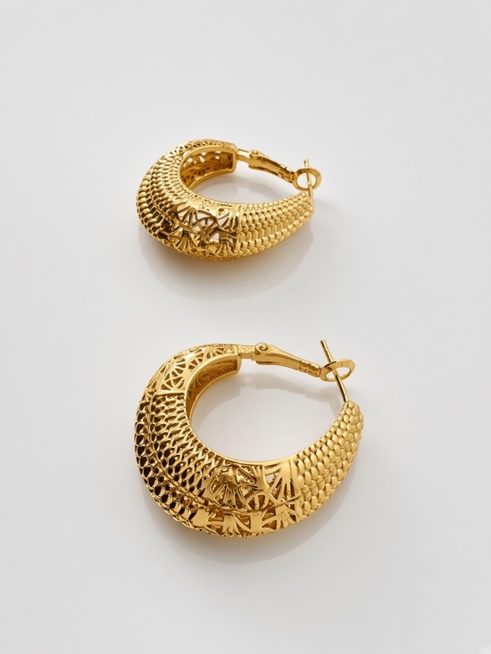 Jewelry - Chunky Gold Tone Textured Filigree Hoops